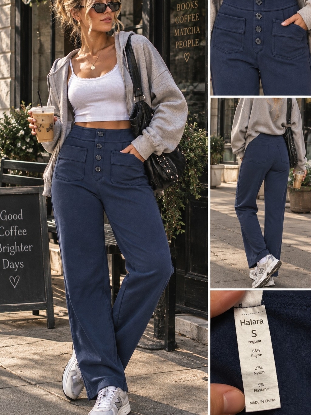 Halara High Waisted Button Front Pants S Navy Stretchy Workwear Streetwear